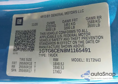 2021 GMC Canyon 4Wd Short Box Elevation from USA, damaged, VIN 1GTG6CEN8M1165491